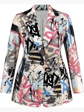 Plus Size Graphic Print Blazer Jacket Long Sleeve Lapel Collar
